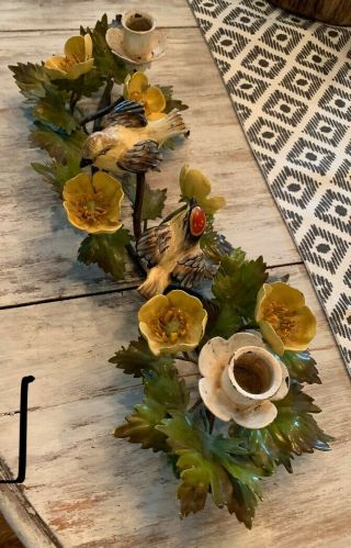 Vintage Italy Toleware Candle Holder With Birds And Flowers