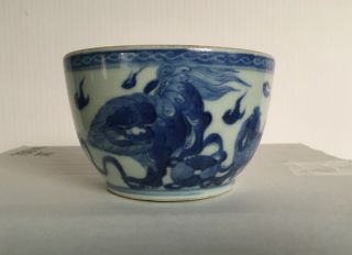Rare Ming Dynasty Chinese Blue & White Porcelain Bowl Foo Lion Dogs