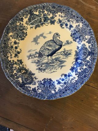 Signed Pv Plate England Blue And White Turkey Pattern