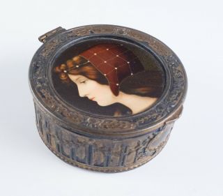 Antique C1900 Bronzed Hand Painted Porcelain Portrait Of A Young Woman Box