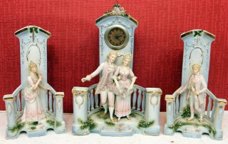 Antique Very Fine Handmade 3 - Piece Biscuit Porcelain Clock Set Elegant Scene