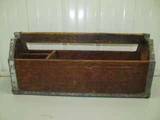 Vintage Large Wooden Antique Tool Box/carrier W/galvanized Metal Reinforced Edge