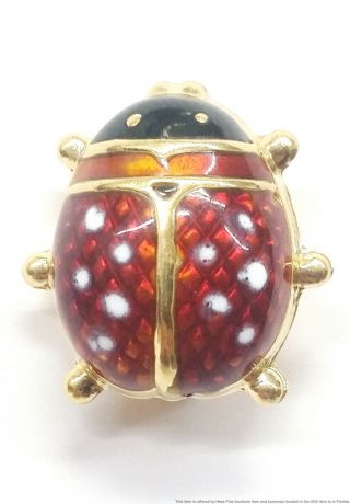 18k Yellow Gold Red Guilloche Enamel Vintage Ladybug Bug Insect Pin Brooch