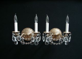 Vintage Pair French Brass Crystals Wall Sconces - 2 Lights Each