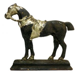 Late 19th C Antique Cast Iron Standing Horse Door Stop,  W/silver Radiator Paint
