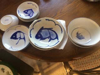 Vtg Chinese Porcelain Blue & White Koi Fish Carp 8 