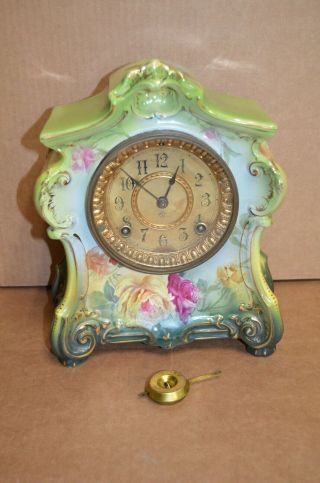 Ansonia Royal Bonn " La Fontaine " Porcelain (germany) Mantel Clock Read