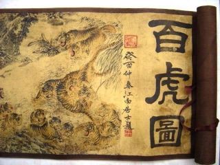 Exquisite Old Chinese Painting Scroll Of Hundred Tigers