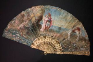 Rare Antique Victorian Hand Painted Mythological Figural Landscape Scene Fan