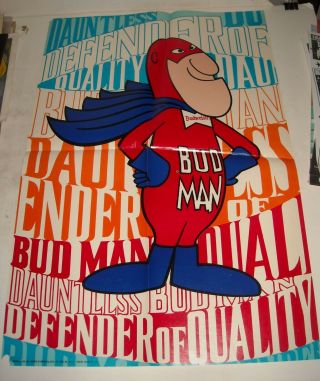 Vintage Budweiser Beer Budman Cartoon Advertising Promo Pinup Poster 22 X 30