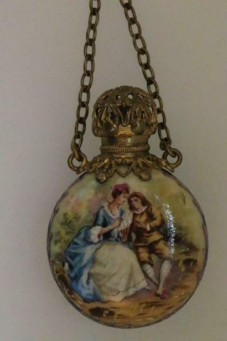 Antique Victorian Hand Painted Porcelain Chatelain Perfume Bottle Glass Stopper
