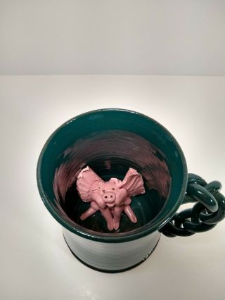 " When Pigs Fly " Hand - Thrown Studio Art Pottery Mug Braided Handle Pig Inside