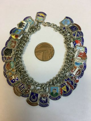 English Vintage Sterling Silver Charm Bracelet With 48 Enamel Shield Charms