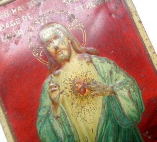 Rare Ancient Home Protection Plaque Medal Reliquary Of Sacred Heart Of Jesus