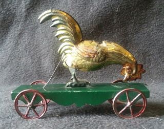 Vintage 1800s Pecking Rooster Chicken On Cart With Wheels Penny Toy