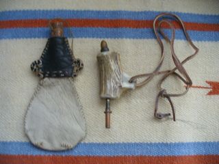 Vintage Black Powder Deer Horn And Leather Hunting Bag