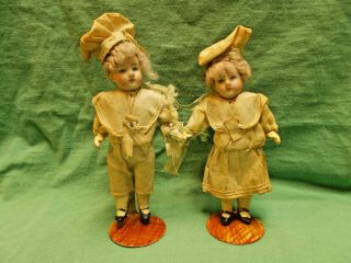 Two Vintage Bisque (?) Boy And Girl Miniature Dolls.  Marked 39 13 On Heads