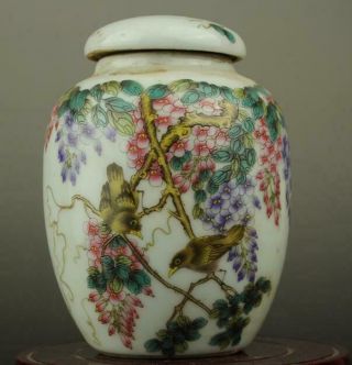 Chinese Old Famille Rose Porcelain Hand Painted Bird And Flower Cover Pot B01