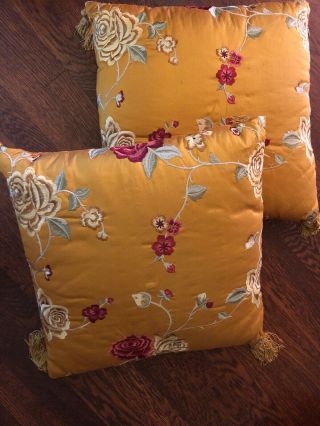 Iosis Pair French Silk Tapestry Pillows; Floral W/tassels By Iosis Paris