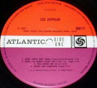 LED ZEPPELIN 1st LP 1969 ATLANTIC 588 171,  A//1 B//1,  ORANGE LETTERED COVER 3