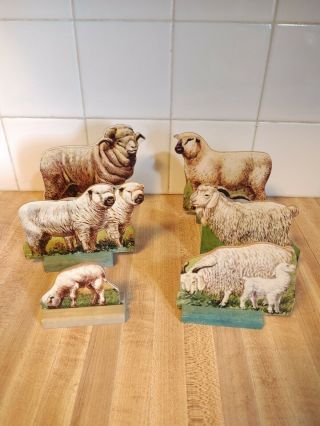 Antique Vintage Toy Farm Animals Cardboard Litho Wood Stands 6 Sheep.