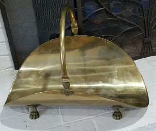 Vintage Solid Brass Claw Foot Fireplace Log Holder Hearth Decor Mid Century Mcm