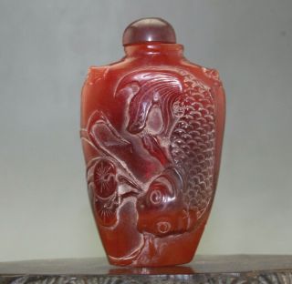 Rare Chinese Hand - Carved Fish Lotus Leaf Beeswax Snuff Bottle H046