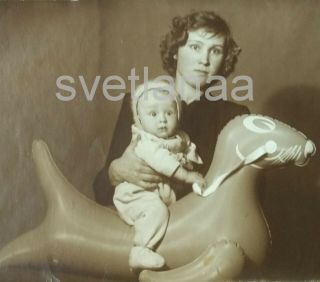 1958 Kids Toys Young Woman Mom Inflatable Cat Seal Little Boy Ussr Vintage Photo