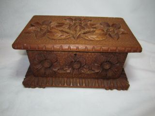 Antique Swiss German Black Forest Carved Wood Box Edelweiss Relief Brienze