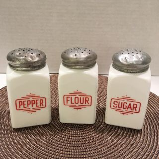 Vintage Milk Glass Flour Sugar Pepper Range Shakers Red White