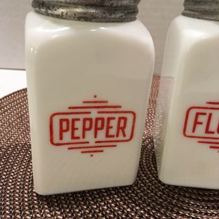 Vintage Milk Glass Flour Sugar Pepper Range Shakers Red White 2