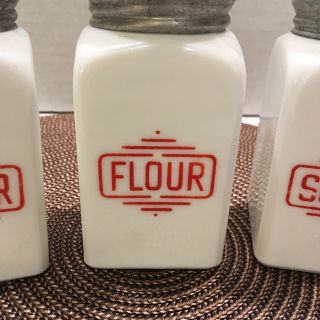 Vintage Milk Glass Flour Sugar Pepper Range Shakers Red White 3