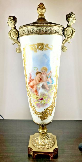 Antique Sevres Style Hand Painted Porcelain & Bronze Covered Urn.  Artist Signed