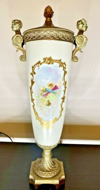 Antique Sevres Style Hand Painted Porcelain & Bronze Covered Urn.  Artist Signed 2