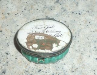 Antique C.  1790 Georgian Bilston Staffordshire Patch Snuff Pill Box Moral Motto