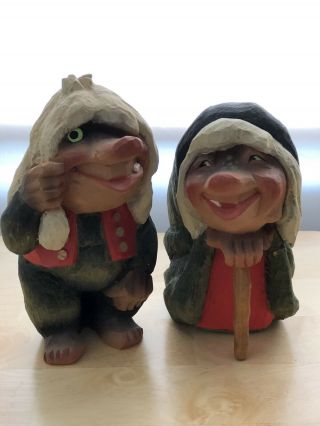 Henning Carved By Hand In Norway Trollman & Trollwife Pair