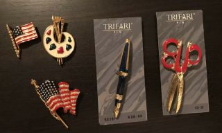 Vintage Gold Tone & Red Enamel Scissor Pin,  American Flags,  Paint,  Pen - Trifari
