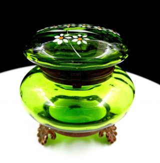 Victorian Green Optic Glass & Enamel Flower With Brass Stand 3 1/2 " Trinket Box