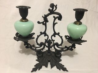Vintage Jadeite Green Glass And Black Cast Iron Two Arm Candelabra Candle Holder