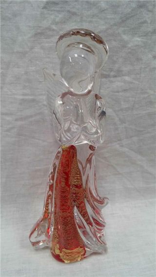 Clear Crystal Red And Gold Glass Praying Angel With Halo Figurine 8 "