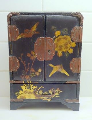 Vintage Japanese Wood Lacquerware Jewelry Chest Gold & Red Painted Birds Flowers