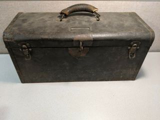 Antique Black Metal Tool Box With Leather Handle - Tray Inside