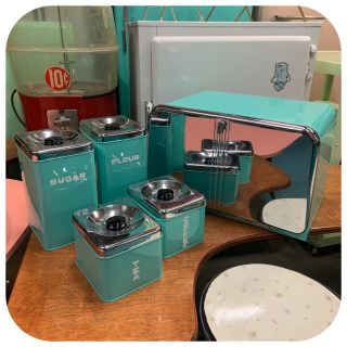 Vintage Mid Century Lincoln Beautyware Canister Set,  Breadbox Aqua Turquoise