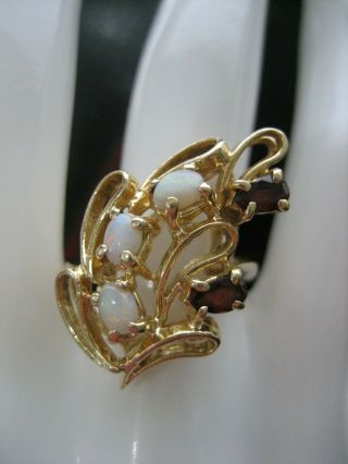 Estate Stunning Vintage 14k Yellow Gold Opal & Garnet Ring Marked Pw Size 7.  5