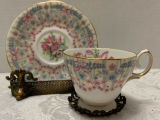 Royal Bridal Gown DEMITASSE CUP & SAUCER Queen Anne England 1950s Orchids Bows 2 2