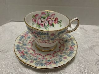 Royal Bridal Gown DEMITASSE CUP & SAUCER Queen Anne England 1950s Orchids Bows 2 3