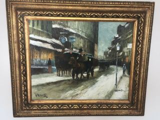 Vintage Gold Framed Oil Painting Cold City Street Scene Horse Carriage