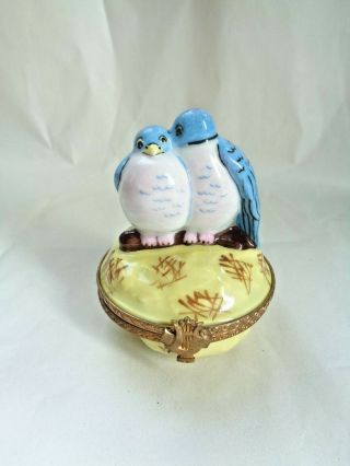 Vintage Limoges France Peint Main Blue Love Birds Trinket Box