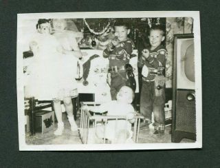 Vintage 1957 Photo Boys Cowboy Toy Guns Girl Baby Doll Tv Christmas Santa 384192