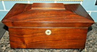 Antique Wood Victorian Tea Caddy Box With Etched Glass Insert